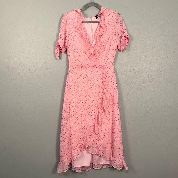 Lulu’s Pink Polka dot Flirty Ruffle Wrap Dress Retro 40s 50s style zipper small - Picture 12 of 12